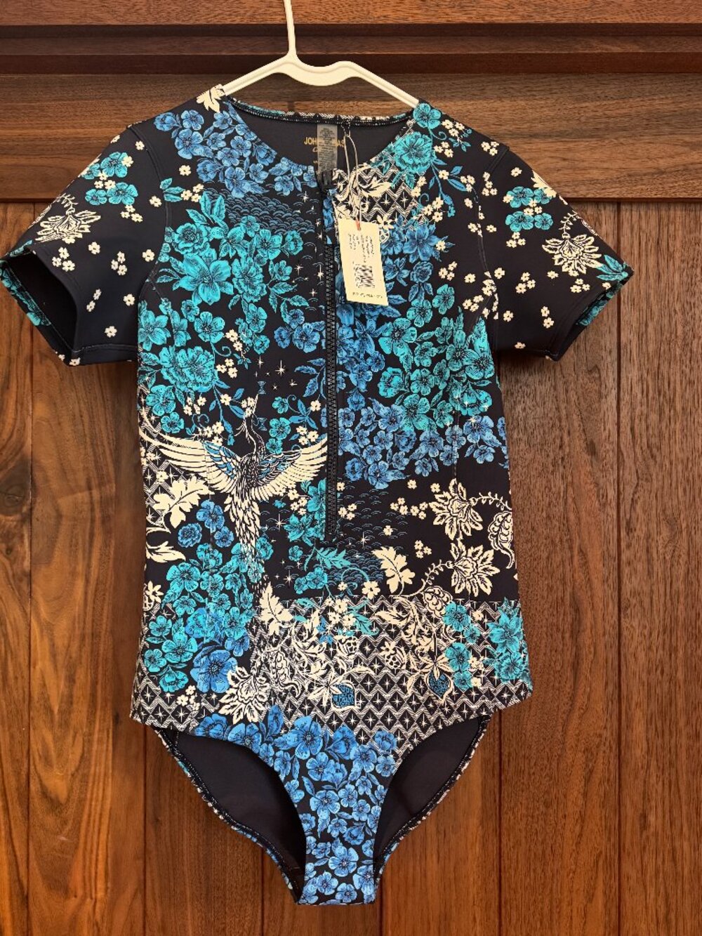 Johnny Was Yao Neoprene One Piece Swimsuit Blue Floral Crane XL,NWT